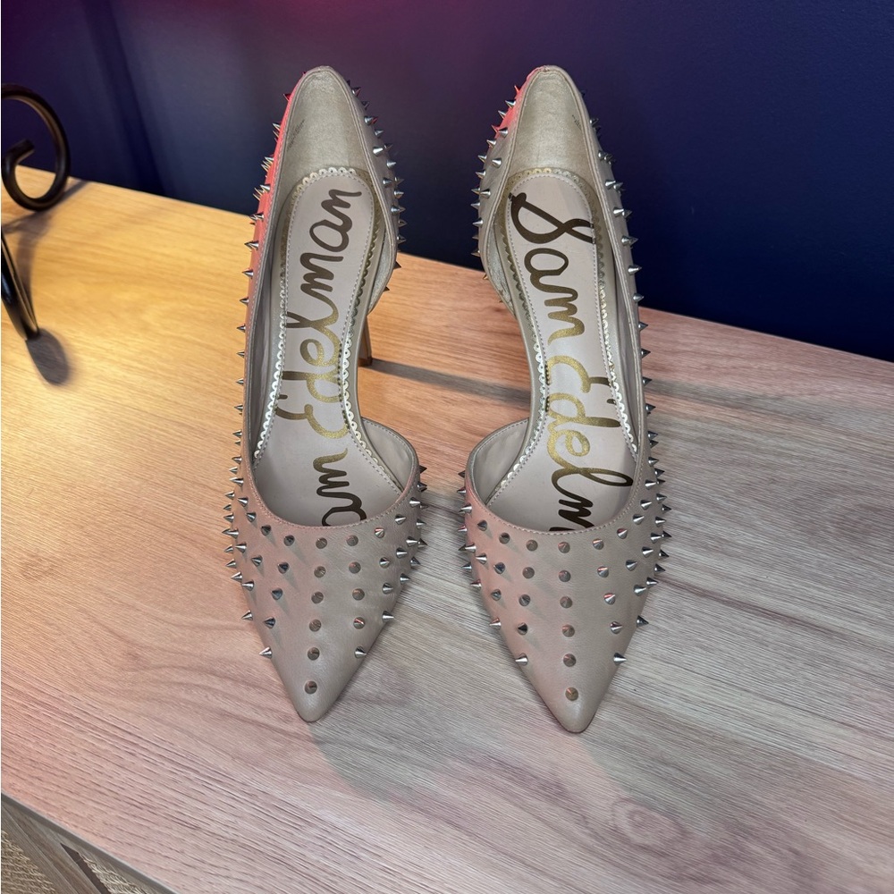 Sam Edelman Spiked Pointed-Toe Stilettos | Nude Studded Heels | Size 9m
